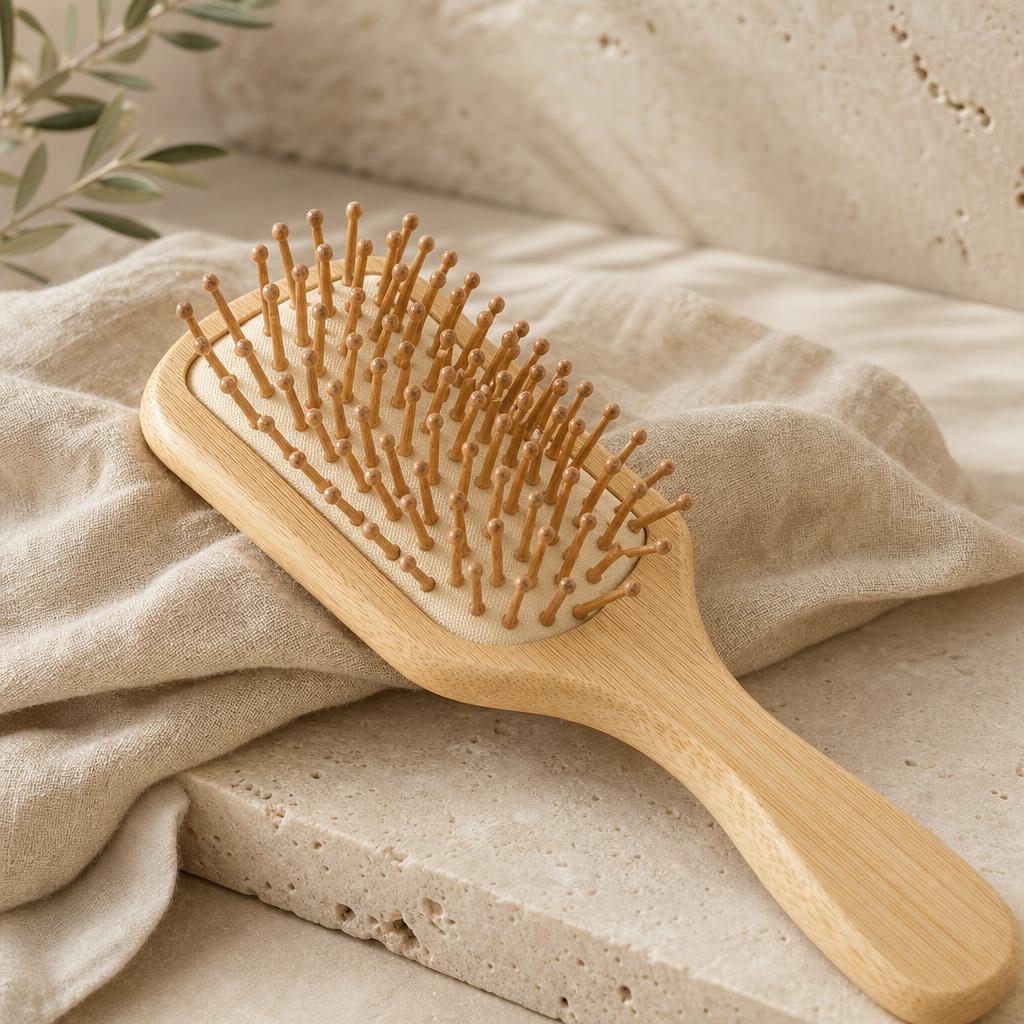 Bamboo paddle hair brush on oat linen