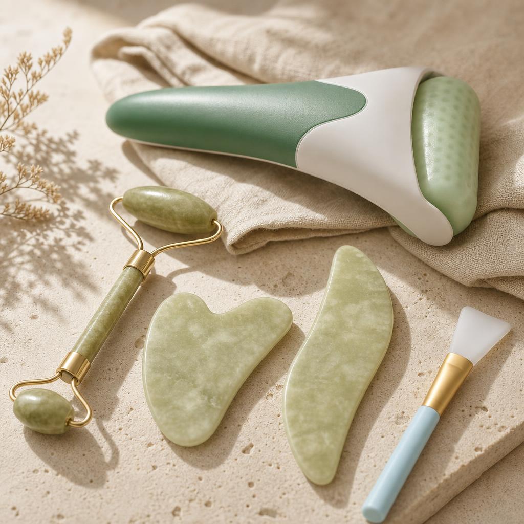 Ice roller and gua sha cooling set on oat linen