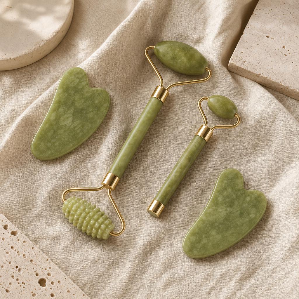Jade roller and gua sha set on oat linen