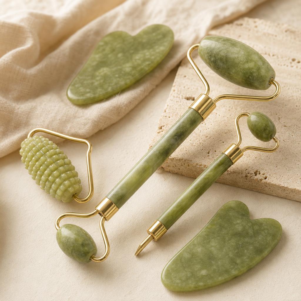 Jade roller and gua sha set on oat linen