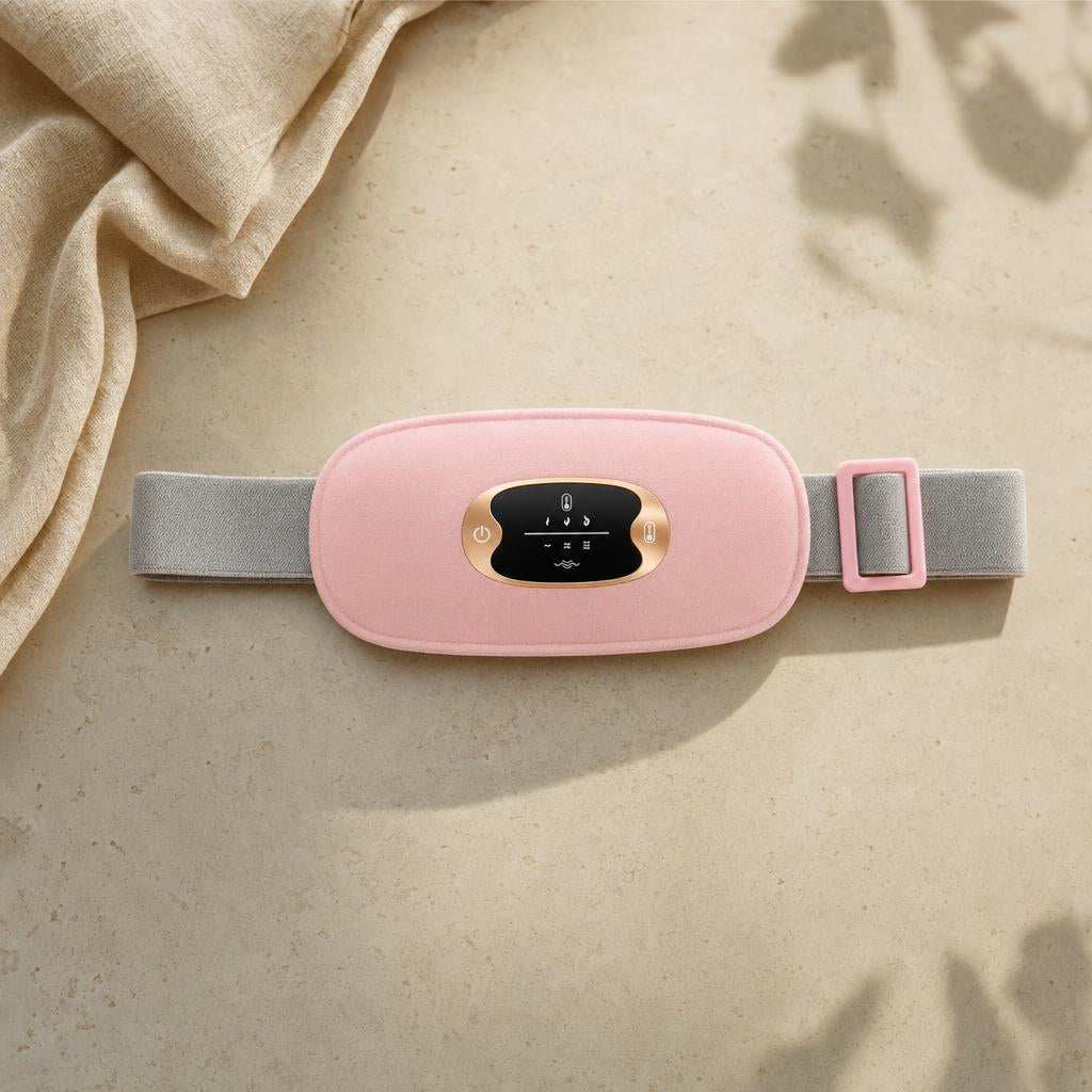 Cordless heating belt for cramps, pink pad with grey adjustable strap