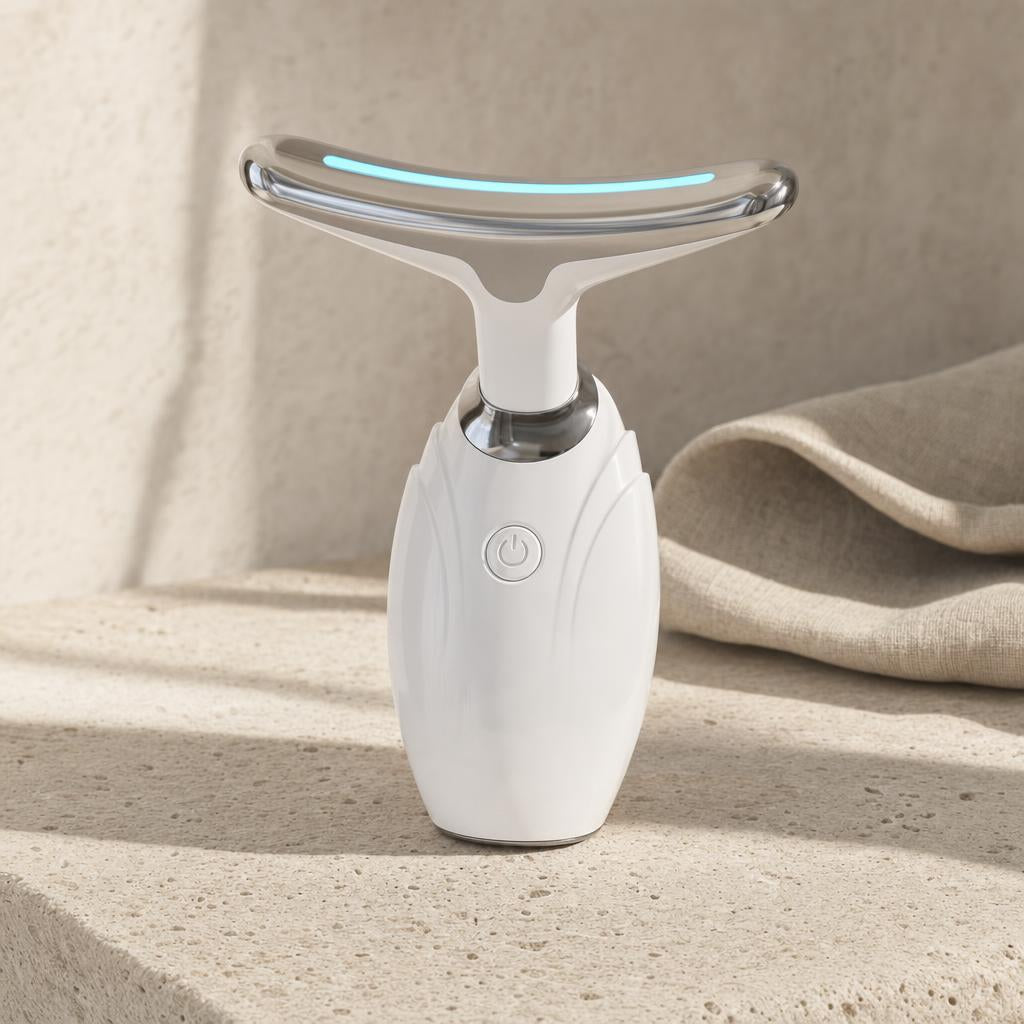 Neck and face LED massager in white and silver with blue light bar