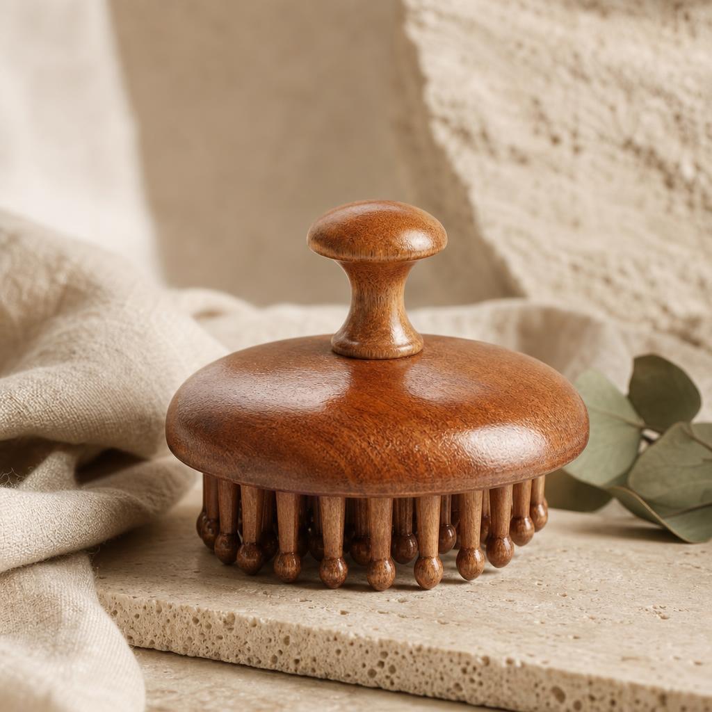 Wooden scalp massage brush on oat linen