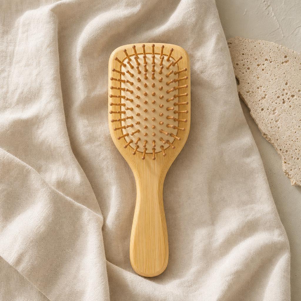 Bamboo paddle hair brush on oat linen