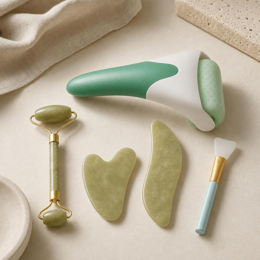 Ice roller and gua sha cooling set on oat linen