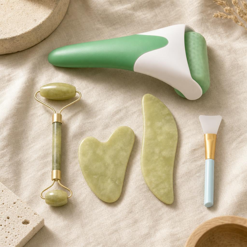 Ice roller and gua sha cooling set on oat linen