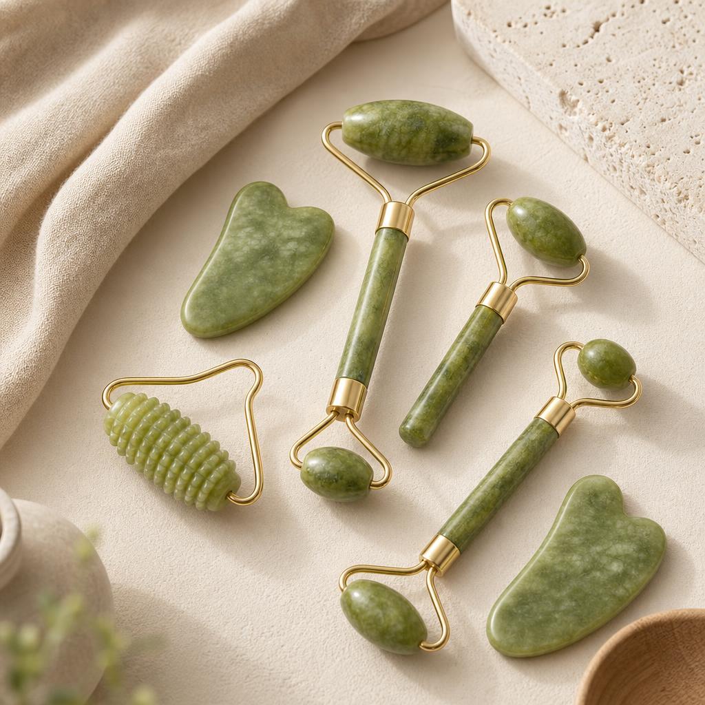 Jade roller and gua sha set on oat linen