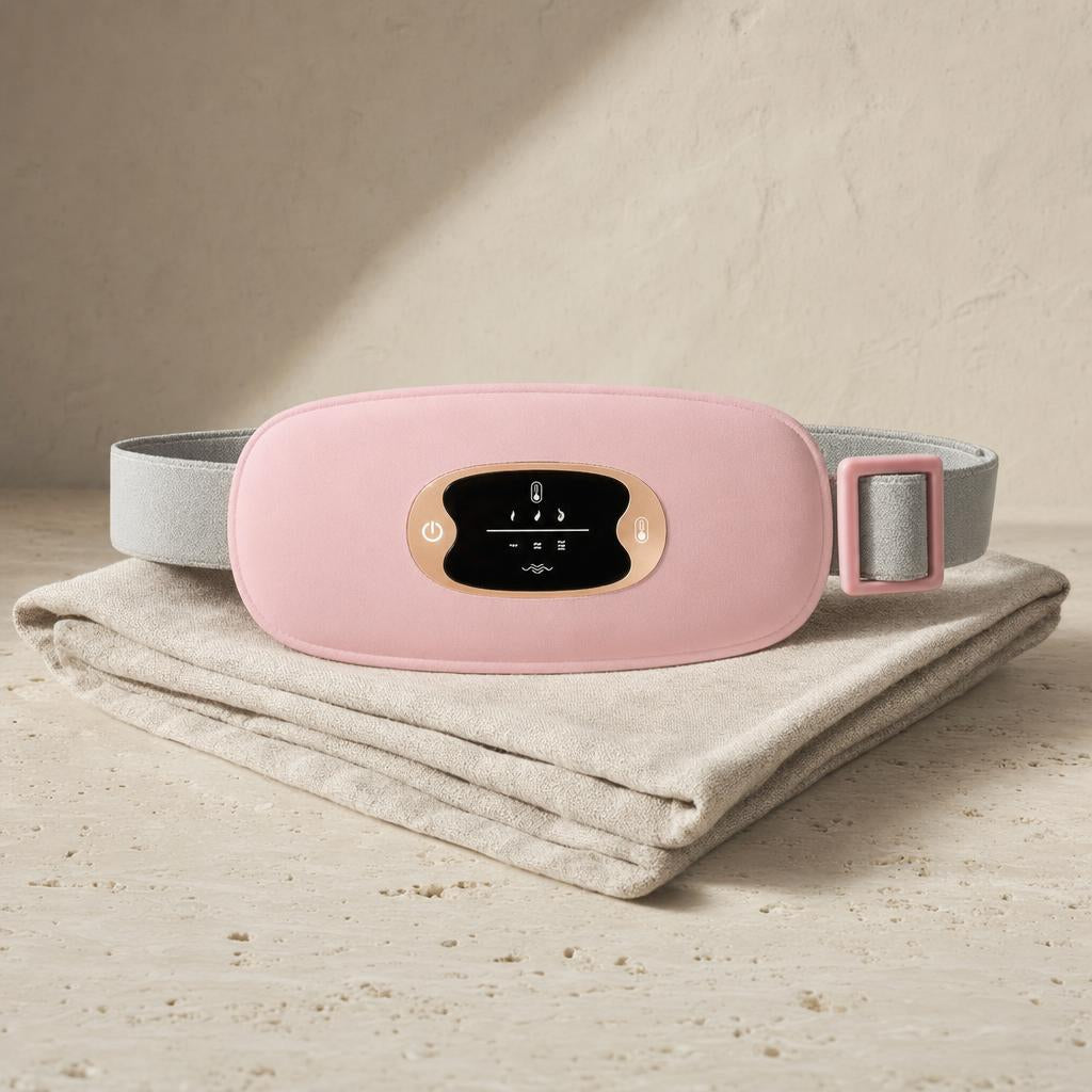 Cordless heating belt for cramps, pink pad with grey adjustable strap