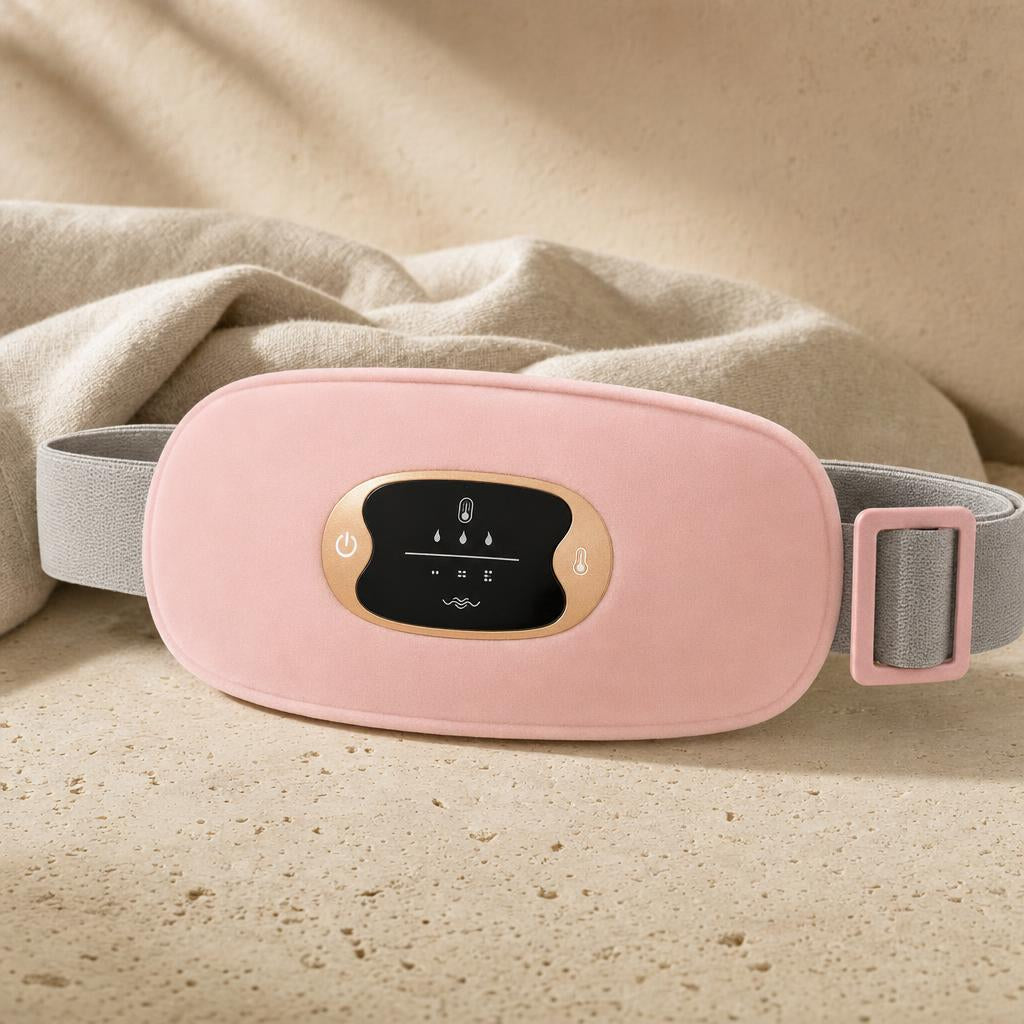 Cordless heating belt for cramps, pink pad with grey adjustable strap