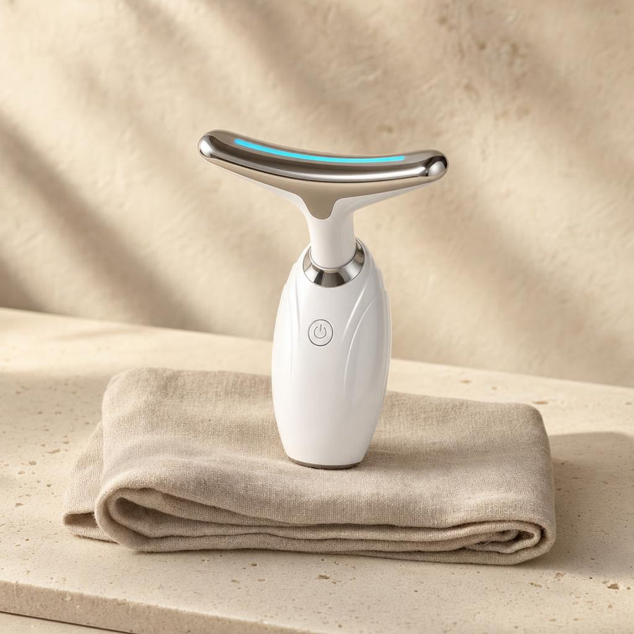 Neck and face LED massager in white and silver with blue light bar