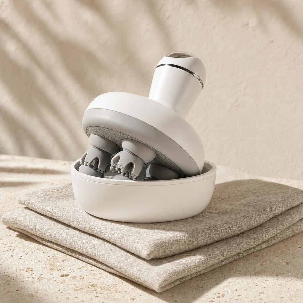 Cordless waterproof scalp massager resting in its charging bowl