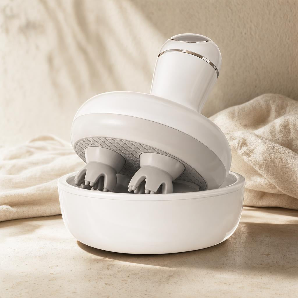 Cordless waterproof scalp massager resting in its charging bowl