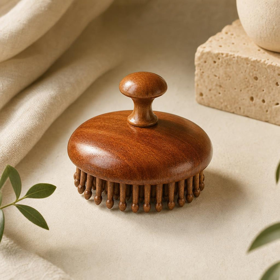 Wooden scalp massage brush on oat linen