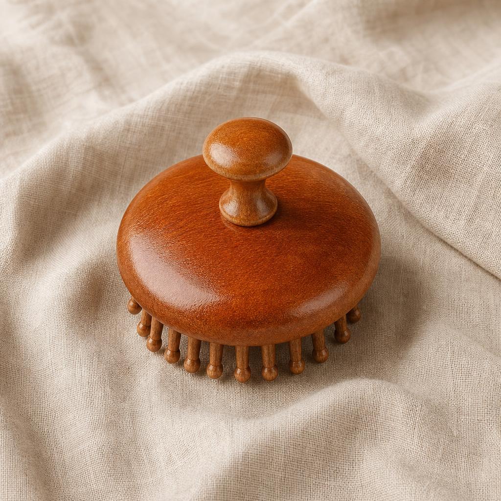 Wooden scalp massage brush on oat linen